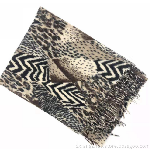 ready to ship leopard print women cashmere wool large scarf wrap with french lace